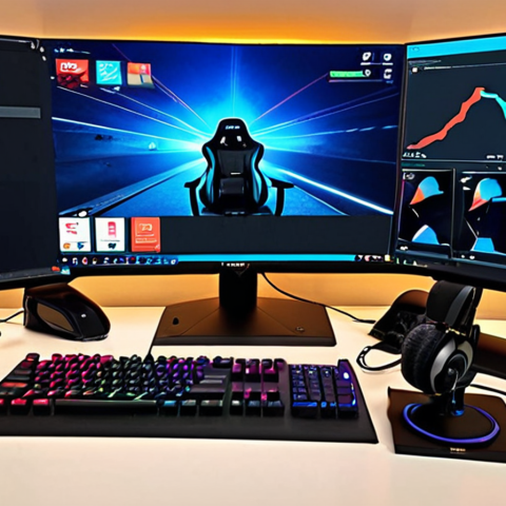 **Image 1 Prompt:** A professional streamer's setup for KartRider, featuring a powerful gaming PC with a large monitor displaying vibrant racing gameplay, a high-quality USB microphone (like a Blue Yeti or HyperX QuadCast), and a good 1080p webcam (Logitech C920 style). The streamer is seen in a gaming chair, focused on the screen, with subtle RGB lighting on the peripherals. The atmosphere should convey quality and dedication to streaming.