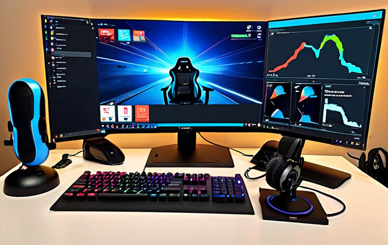 **Image 1 Prompt:** A professional streamer's setup for KartRider, featuring a powerful gaming PC with a large monitor displaying vibrant racing gameplay, a high-quality USB microphone (like a Blue Yeti or HyperX QuadCast), and a good 1080p webcam (Logitech C920 style). The streamer is seen in a gaming chair, focused on the screen, with subtle RGB lighting on the peripherals. The atmosphere should convey quality and dedication to streaming.