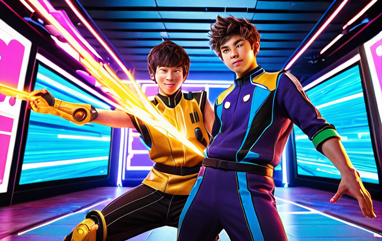 **
"Vibrant KartRider fanart explosion: Dao and Bazzi in dynamic poses, reimagined in a blend of manga and hyperrealism, surrounded by digital art tools and glowing screens, capturing the energy of a thriving creative community."
**