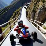 **

Action shot of a kart race on a narrow, winding bridge suspended high above a deep canyon. Dramatic lighting, emphasizing the vertigo-inducing height. A driver makes a daring overtaking maneuver. Focus on speed and adrenaline. Imagine "Puento Colgante del Dragón" but set in the Pyrenees mountains.

**