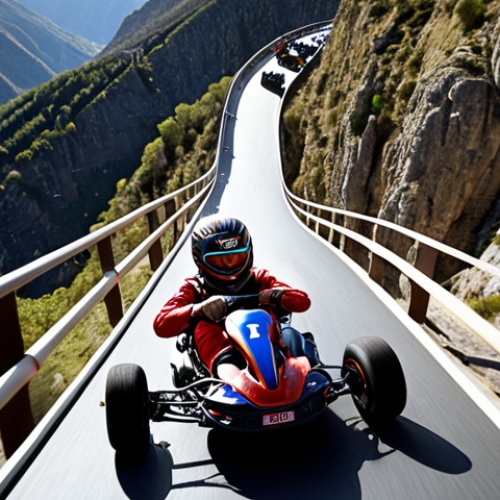 Home 9 **
Action shot of a kart race on a narrow, winding bridge suspended high above a deep canyon. Dramatic lighting, emphasizing the vertigo-inducing height. A driver makes a daring overtaking maneuver. Focus on speed and adrenaline. Imagine "Puento Colgante del Dragón" but set in the Pyrenees mountains.
**