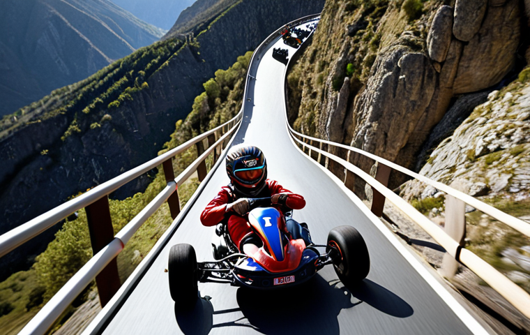 **
Action shot of a kart race on a narrow, winding bridge suspended high above a deep canyon. Dramatic lighting, emphasizing the vertigo-inducing height. A driver makes a daring overtaking maneuver. Focus on speed and adrenaline. Imagine "Puento Colgante del Dragón" but set in the Pyrenees mountains.
**