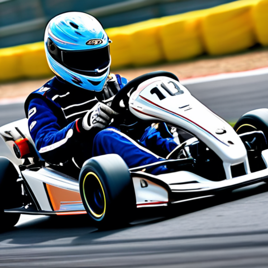 A professional kart racer, wearing a sleek, fully enclosed racing helmet and a modest, high-performance racing suit, expertly executing a powerful drift on a vibrant, modern race track. The kart is a blur of motion as it slides through a sharp turn, tires smoking slightly, highlighting precise control and speed. The background features dynamic lighting and detailed track elements, with subtle motion blur to emphasize velocity. The scene captures the essence of mastery and professional skill in kart racing. safe for work, appropriate content, fully clothed, professional, perfect anatomy, correct proportions, natural pose, well-formed hands (if visible), natural body proportions, high quality, professional photography.
