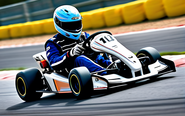A professional kart racer, wearing a sleek, fully enclosed racing helmet and a modest, high-performance racing suit, expertly executing a powerful drift on a vibrant, modern race track. The kart is a blur of motion as it slides through a sharp turn, tires smoking slightly, highlighting precise control and speed. The background features dynamic lighting and detailed track elements, with subtle motion blur to emphasize velocity. The scene captures the essence of mastery and professional skill in kart racing. safe for work, appropriate content, fully clothed, professional, perfect anatomy, correct proportions, natural pose, well-formed hands (if visible), natural body proportions, high quality, professional photography.