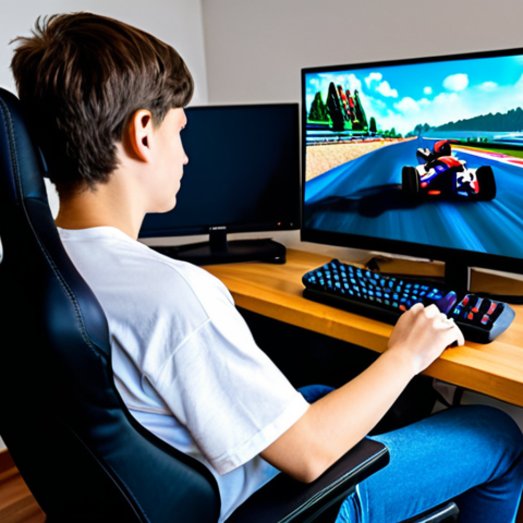 A young person in a comfortable, modest t-shirt and jeans, sitting intently in a professional gaming chair. Their hands are firmly on a game controller, eyes focused on a large screen in front of them. The screen displays a colorful, stylized kart racing game, showing a kart mid-drift, slightly recovering from a clumsy turn but showing signs of improvement. Subtle lighting from the screen illuminates their determined face, suggesting a moment of overcoming a learning challenge. The background is a modern, tidy gaming setup with soft ambient light. fully clothed, appropriate attire, safe for work, perfect anatomy, correct proportions, natural pose, well-formed hands, proper finger count, natural body proportions, professional photography, high quality, appropriate content, family-friendly.