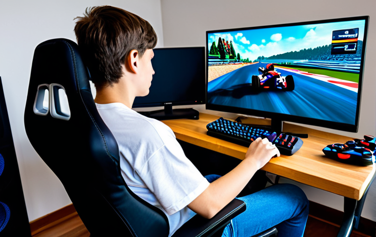A young person in a comfortable, modest t-shirt and jeans, sitting intently in a professional gaming chair. Their hands are firmly on a game controller, eyes focused on a large screen in front of them. The screen displays a colorful, stylized kart racing game, showing a kart mid-drift, slightly recovering from a clumsy turn but showing signs of improvement. Subtle lighting from the screen illuminates their determined face, suggesting a moment of overcoming a learning challenge. The background is a modern, tidy gaming setup with soft ambient light. fully clothed, appropriate attire, safe for work, perfect anatomy, correct proportions, natural pose, well-formed hands, proper finger count, natural body proportions, professional photography, high quality, appropriate content, family-friendly.
