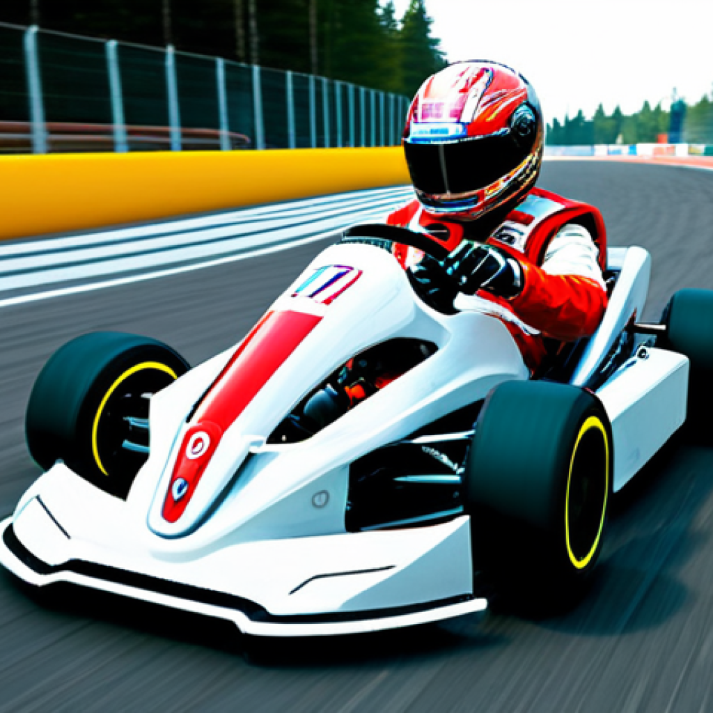 A professional kart racer, fully clothed in a sleek, futuristic racing suit, expertly piloting a high-tech racing kart on a vibrant, well-maintained track. The kart is surrounded by a translucent, glowing energy shield, perfectly deflecting a cartoon-style red missile and a banana peel. In the background, other karts are visible, slightly blurred to emphasize motion. The scene features bright, cinematic lighting and a dynamic composition. The racer exhibits perfect anatomy, correct proportions, natural pose, well-formed hands, and proper finger count. This image is safe for work, appropriate content, and family-friendly, showcasing professional dress and modest clothing.