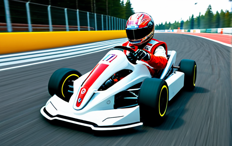 A professional kart racer, fully clothed in a sleek, futuristic racing suit, expertly piloting a high-tech racing kart on a vibrant, well-maintained track. The kart is surrounded by a translucent, glowing energy shield, perfectly deflecting a cartoon-style red missile and a banana peel. In the background, other karts are visible, slightly blurred to emphasize motion. The scene features bright, cinematic lighting and a dynamic composition. The racer exhibits perfect anatomy, correct proportions, natural pose, well-formed hands, and proper finger count. This image is safe for work, appropriate content, and family-friendly, showcasing professional dress and modest clothing.