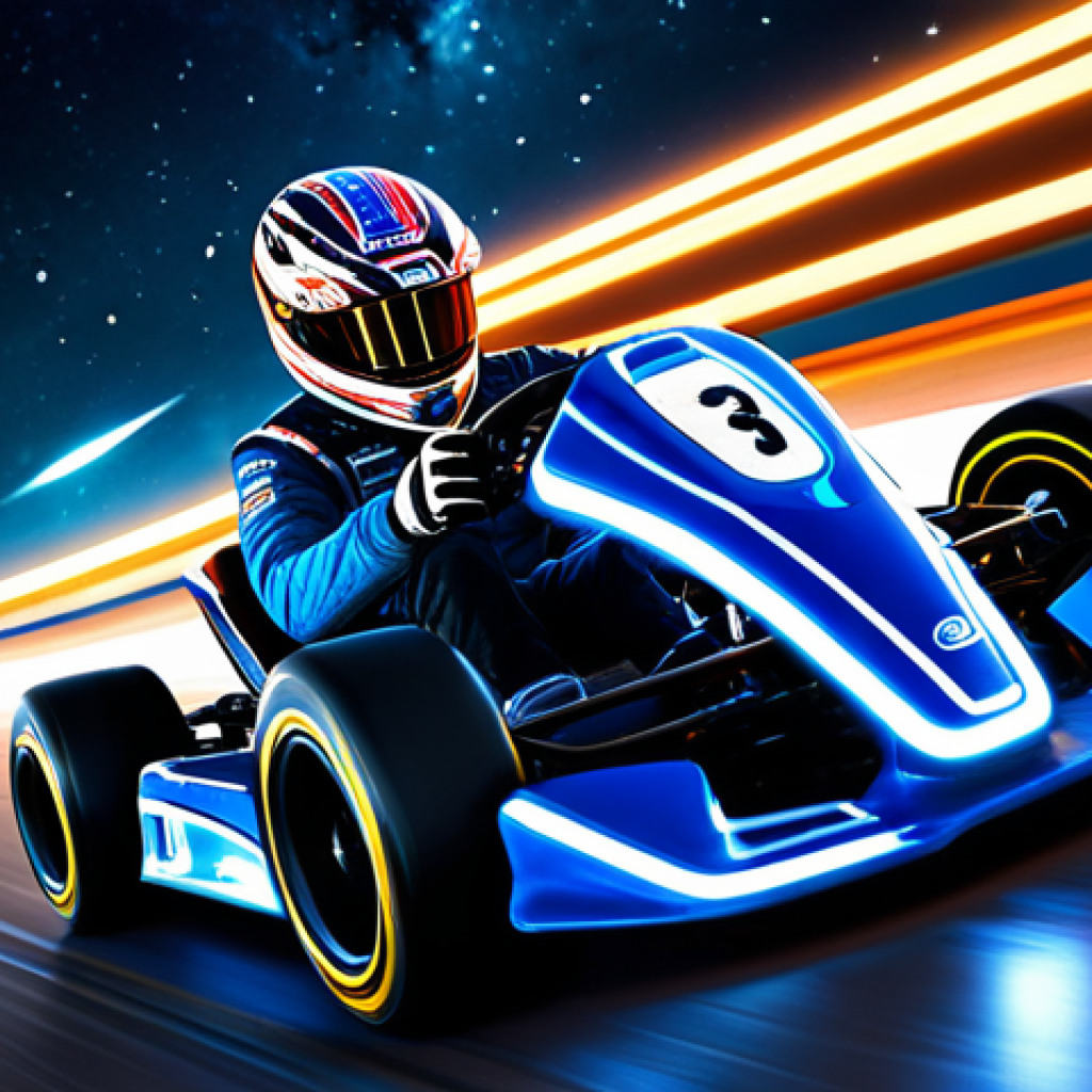 A professional racing kart, sleek and highly detailed, navigating a futuristic track within a cosmic nebula. The track is dynamic, featuring glowing neon lines, sections with visible low-gravity effects, and subtle interactive environmental elements. The kart is captured mid-action, showcasing a precise "perfect drift" maneuver at high speed. The scene is illuminated by the ethereal glow of the nebula and the track's lights, creating a sense of exhilarating motion. Safe for work, appropriate content, fully clothed (any visible driver in modest racing attire), professional, perfect anatomy, correct proportions, natural pose, high quality, studio photography.