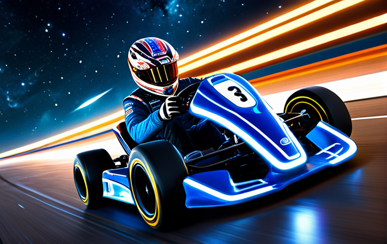A professional racing kart, sleek and highly detailed, navigating a futuristic track within a cosmic nebula. The track is dynamic, featuring glowing neon lines, sections with visible low-gravity effects, and subtle interactive environmental elements. The kart is captured mid-action, showcasing a precise "perfect drift" maneuver at high speed. The scene is illuminated by the ethereal glow of the nebula and the track's lights, creating a sense of exhilarating motion. Safe for work, appropriate content, fully clothed (any visible driver in modest racing attire), professional, perfect anatomy, correct proportions, natural pose, high quality, studio photography.