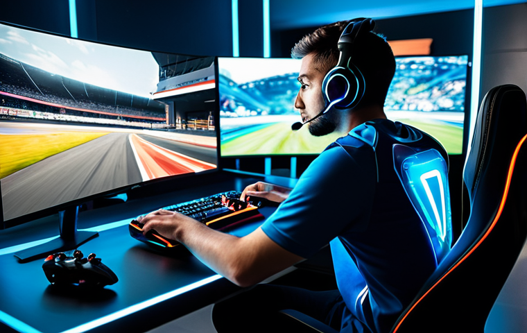 A focused professional esports gamer, an adult individual, in a modest gaming jersey, sitting at a high-tech gaming desk. They are intently analyzing a complex racing game track displayed on a large, glowing monitor, with a racing wheel controller within reach. The room is a modern, clean gaming setup with subtle LED lighting, conveying deep concentration and strategic thought. fully clothed, modest clothing, appropriate attire, safe for work, appropriate content, perfect anatomy, correct proportions, natural pose, well-formed hands, proper finger count, natural body proportions, professional photography, high quality.