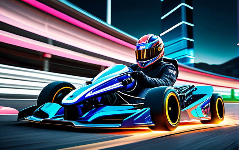 A dynamic, high-speed scene of a professional kart racer in a sleek, futuristic racing suit and helmet, perfectly executing a precise drift on an intricate and vibrant race track. The track features sharp turns, glowing neon elements, and unique architectural landmarks inspired by "Dragon's Gorge" and "Floating Garden." The streamlined kart leaves a blur of motion, conveying immense speed. The focus is on the action and the detailed environment. Professional photography, cinematic lighting, high-quality rendering, sharp focus, perfect anatomy, correct proportions, natural pose, well-formed hands (if visible), proper finger count, natural body proportions. Fully clothed, modest clothing, appropriate attire, professional dress, safe for work, appropriate content, family-friendly.