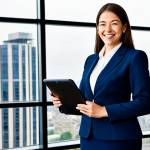 Business Professional**

"A professional businesswoman in a tailored, navy blue business suit, standing in a bright, modern office with large windows overlooking a cityscape. She is holding a tablet and smiling confidently. Fully clothed, appropriate attire, safe for work, perfect anatomy, natural proportions, professional photography, high quality, modest clothing, family-friendly."

**