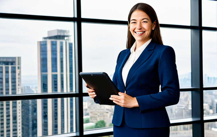 Business Professional**
"A professional businesswoman in a tailored, navy blue business suit, standing in a bright, modern office with large windows overlooking a cityscape. She is holding a tablet and smiling confidently. Fully clothed, appropriate attire, safe for work, perfect anatomy, natural proportions, professional photography, high quality, modest clothing, family-friendly."
**