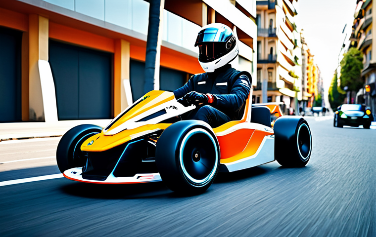 "Modern KartRider Racer"**
"A professional KartRider racer, fully clothed in a sleek, futuristic racing suit with vibrant neon accents, standing confidently next to a high-tech kart. The background is a bustling, sun-drenched street in Barcelona with modern architecture. Safe for work, appropriate content, perfect anatomy, well-formed hands, natural proportions, professional digital art, family-friendly."
**