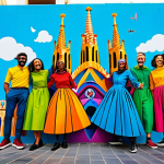 **

"A vibrant street art mural in Barcelona, Spain. The mural depicts a diverse group of friends playing KartRider, smiling and laughing. The characters are in colorful, modern clothing. The background includes recognizable Barcelona landmarks like the Sagrada Familia in a stylized form. Bright, saturated colors. Safe for work, appropriate content, fully clothed, family-friendly, professional illustration, perfect anatomy, natural proportions."

**