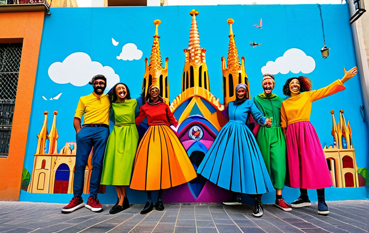 **

"A vibrant street art mural in Barcelona, Spain. The mural depicts a diverse group of friends playing KartRider, smiling and laughing. The characters are in colorful, modern clothing. The background includes recognizable Barcelona landmarks like the Sagrada Familia in a stylized form. Bright, saturated colors. Safe for work, appropriate content, fully clothed, family-friendly, professional illustration, perfect anatomy, natural proportions."

**