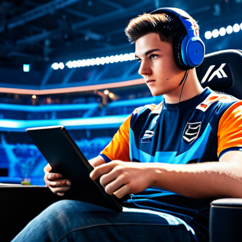 **

"A professional KartRider eSports player, focused and determined, wearing a team jersey and headphones, fully clothed, sitting in a gaming chair in a brightly lit arena during a competition, appropriate attire, safe for work, perfect anatomy, natural proportions, digital illustration, high quality."

**