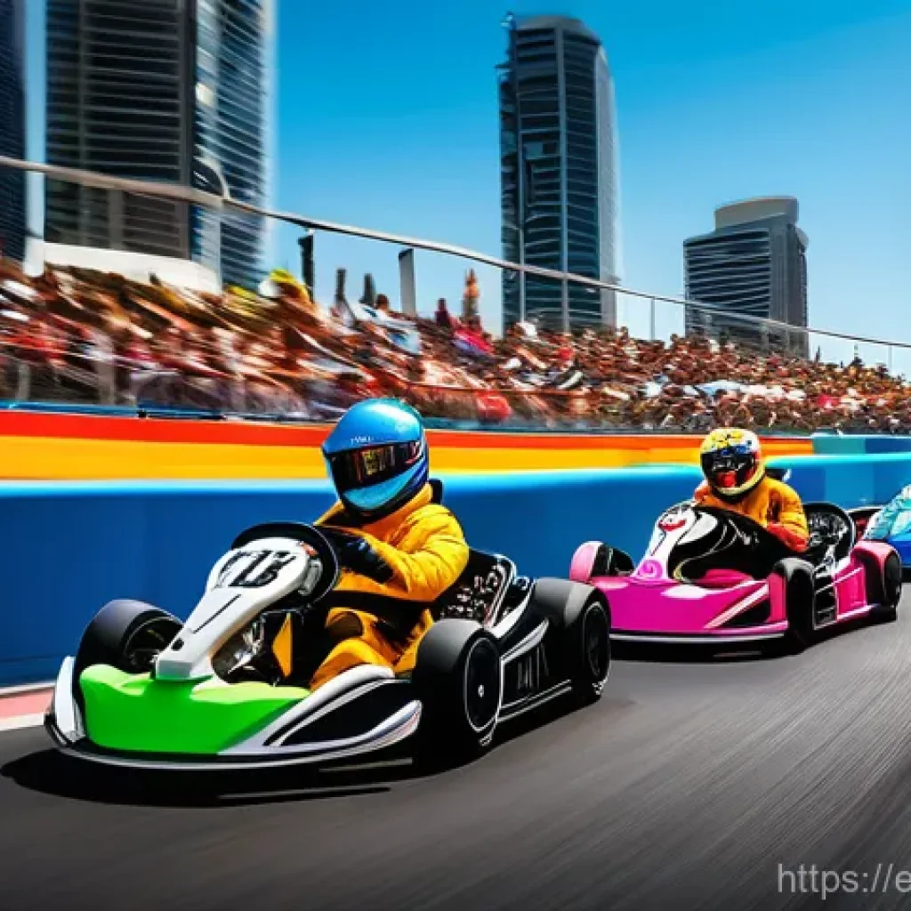 카트라이더 초보 유저를 위한 기본 정보 - A group of diverse young adult racers (ages 15-25) in vibrant, futuristic racing suits and helmets, ...