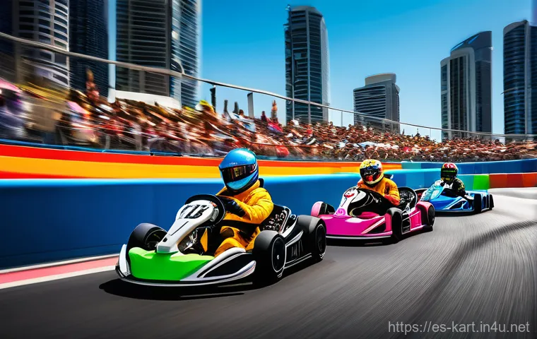 카트라이더 초보 유저를 위한 기본 정보 - A group of diverse young adult racers (ages 15-25) in vibrant, futuristic racing suits and helmets, ...