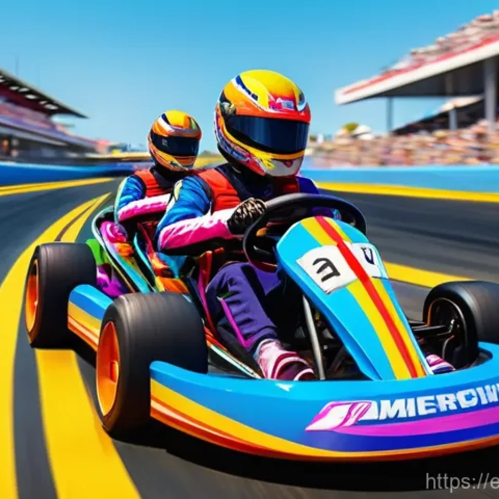 카트라이더 개발자 인터뷰 - **Vibrant Kart Racing Action:** A diverse group of cheerful, cartoon-style male and female racer cha...