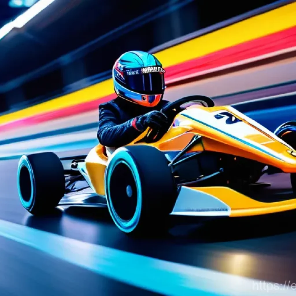 카트라이더 초보 유저의 성공 전략 - A dynamic wide shot of a futuristic racing kart, driven by a skilled young racer wearing a sleek, fu...
