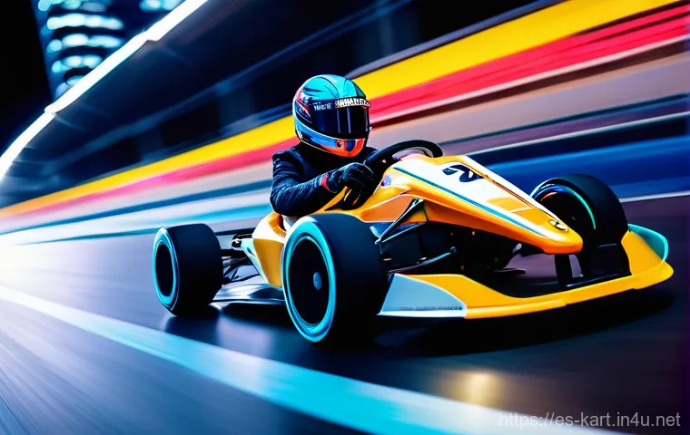 카트라이더 초보 유저의 성공 전략 - A dynamic wide shot of a futuristic racing kart, driven by a skilled young racer wearing a sleek, fu...