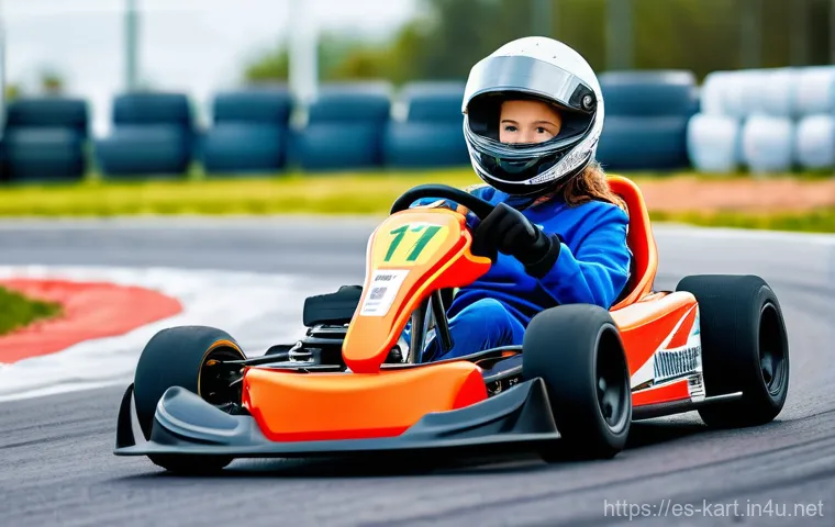 카트라이더 초보자용 카트 추천 - A cheerful young teenage girl, wearing a well-fitting racing suit, helmet, and gloves, confidently d...