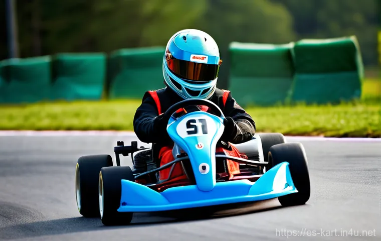 카트라이더 초보자용 카트 추천 - A cheerful young teenage girl, wearing a well-fitting racing suit, helmet, and gloves, confidently d...