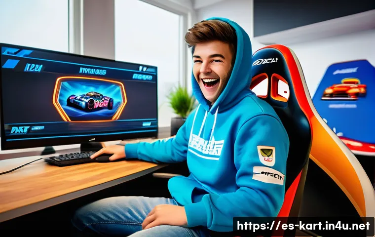 카트라이더 신규 업데이트 확인법 - A young adult gamer, wearing a comfortable, non-revealing hoodie and jeans, sits excitedly in a cozy...