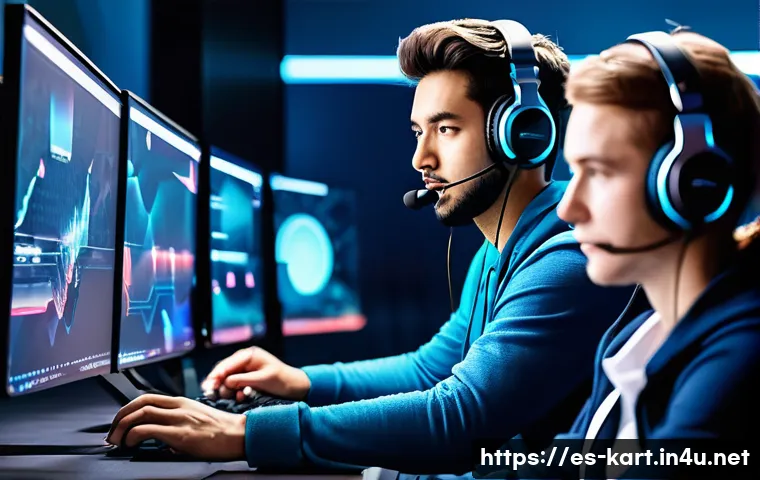 카트라이더 팀플레이 레벨업 방법 - A dynamic esports team in a high-tech gaming room, focused on KartRider competition; team members we...