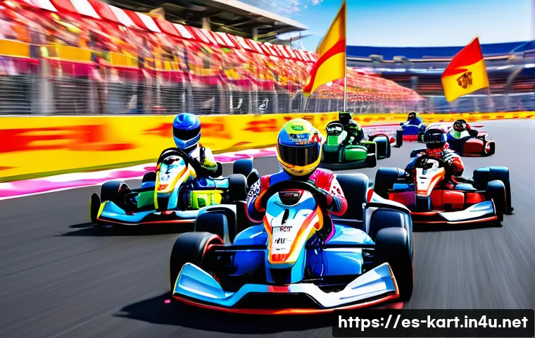 카트라이더 공식 리그 대회 해설 - A vibrant and dynamic KartRider racing scene set on a colorful, intricate track featuring tight curv...