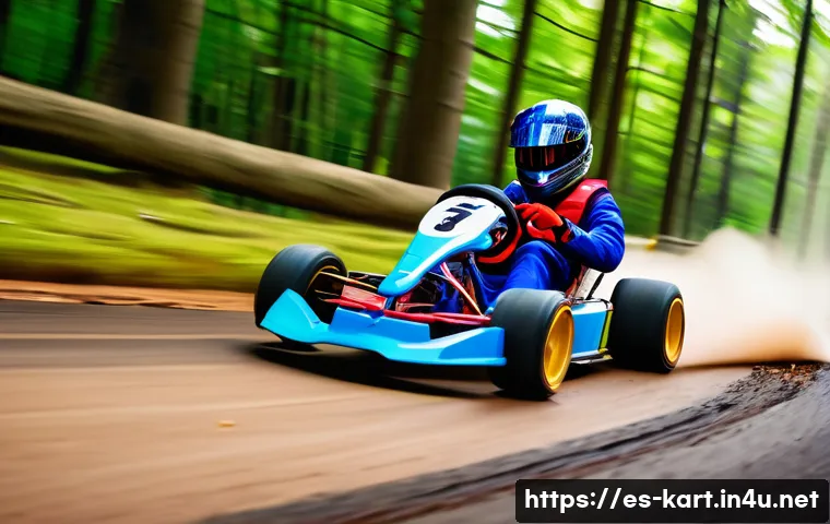 카트라이더 초보 유저의 게임 공략 노하우 - A dynamic kart racing scene on a vibrant, winding track in a lush forest setting, featuring a skille...