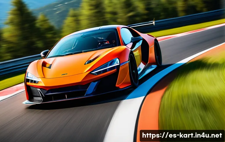 카트라이더 초보 유저의 드리프트 기술 가이드 - A dynamic scene of a sleek rear-wheel-drive sports car drifting sharply through a tight corner on a ...