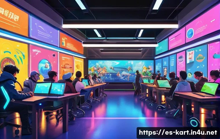 카트라이더 신규 유저와 팬아트 대회의 성장 이야기 - A vibrant and dynamic digital illustration of KartRider fan art tournament participants gathered in ...