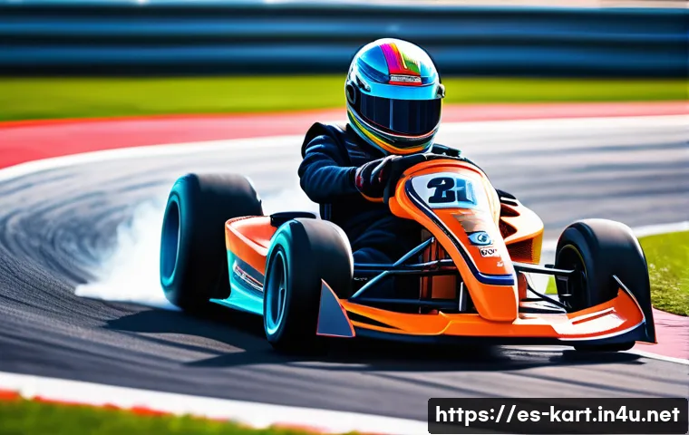 카트라이더 고급 사용법 노출 - A dynamic kart racing scene on a winding track with sharp curves, showcasing a driver in colorful ra...