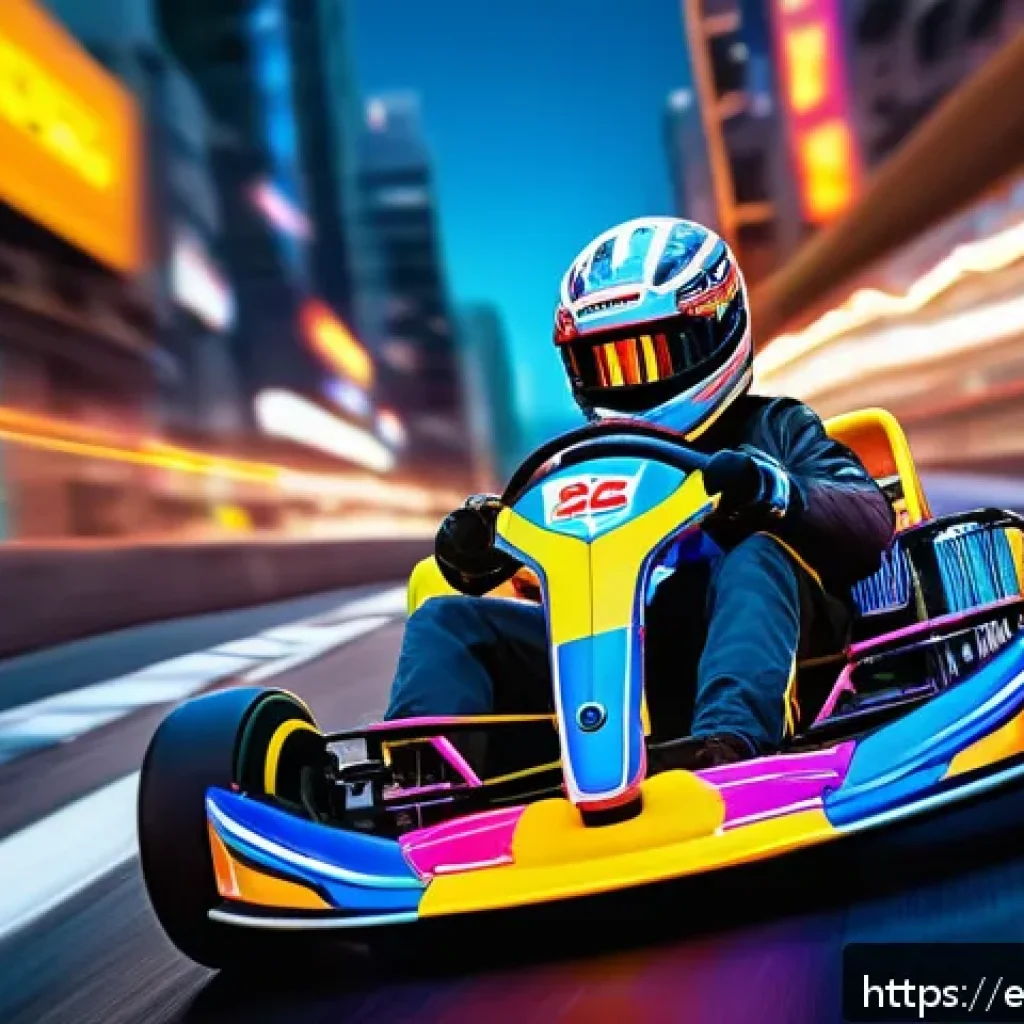 카트라이더 레이싱 대회 리뷰 - A dynamic urban racing scene at night featuring a nimble kart driver in bright, colorful racing gear...