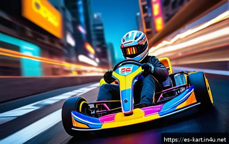 카트라이더 레이싱 대회 리뷰 - A dynamic urban racing scene at night featuring a nimble kart driver in bright, colorful racing gear...