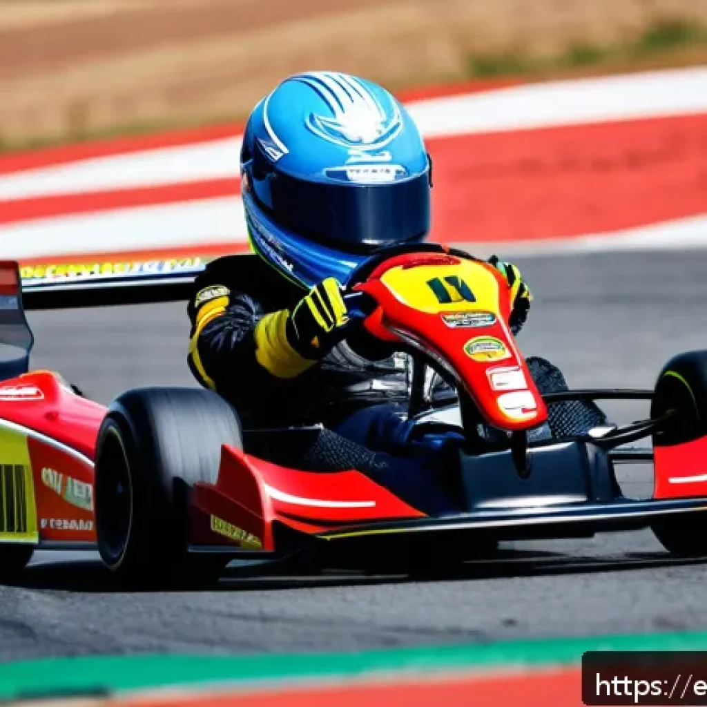 카트라이더 글로벌 대회 참가자 인터뷰 - A dynamic scene of a young kart racing driver in full racing gear—fire-resistant suit, helmet, glove...