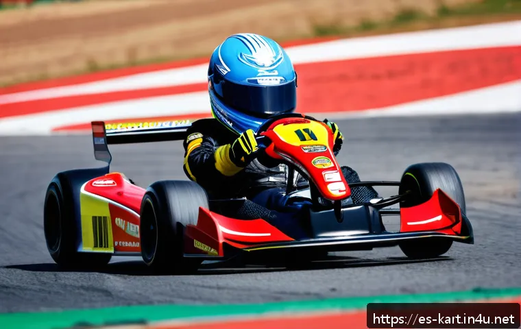 카트라이더 글로벌 대회 참가자 인터뷰 - A dynamic scene of a young kart racing driver in full racing gear&mdash;fire-resistant suit, helmet, glove...