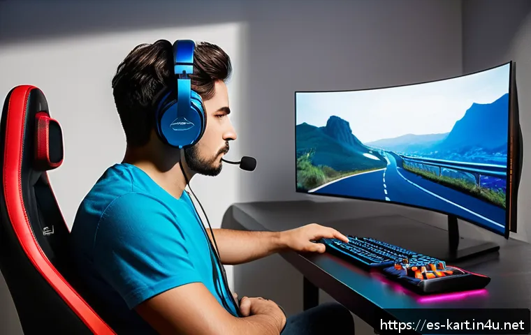 카트라이더 초보자 코칭 프로그램 - A dynamic scene of a professional esports gamer sitting comfortably in a modern gaming chair in a we...