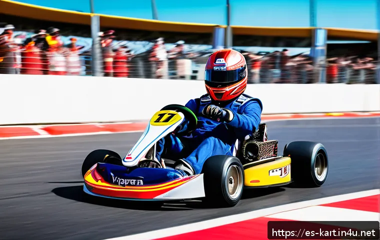 카트라이더 기술 팁과 트릭 - A dynamic racing scene featuring a professional go-kart driver navigating a sharp, tight curve on an...