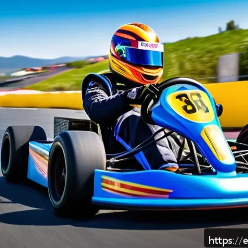 카트라이더 초보 유저와 트랙 공략법 - A dynamic and vivid scene of a colorful kart racing on a winding, curvy track under a bright blue sk...