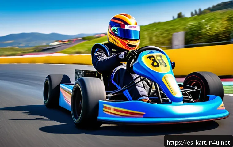 카트라이더 초보 유저와 트랙 공략법 - A dynamic and vivid scene of a colorful kart racing on a winding, curvy track under a bright blue sk...