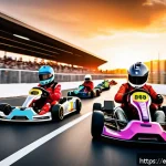 카트라이더 스피드전 팁 모음 - A dynamic racing scene at the start line of a futuristic kart racing track in a vibrant urban settin...