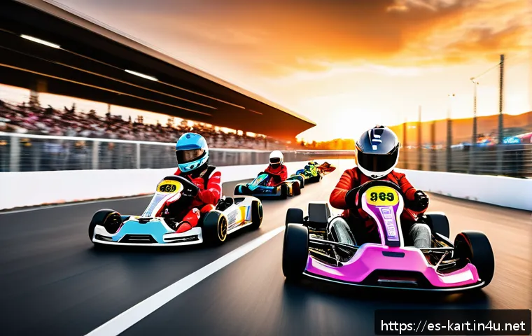 카트라이더 스피드전 팁 모음 - A dynamic racing scene at the start line of a futuristic kart racing track in a vibrant urban settin...