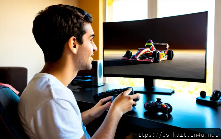 Home 32 카트라이더 초보 유저가 알아야 할 모든 것 - Photorealistic young Spanish-speaking adult beginner seated at a tidy home gaming desk, holding a co...