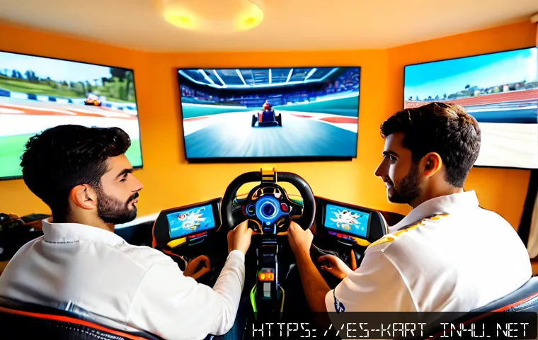 Home 17 카트라이더 초보자를 위한 팀플레이 연습 - Photorealistic scene of three beginner friends practicing cooperative kart racing in a bright modern...