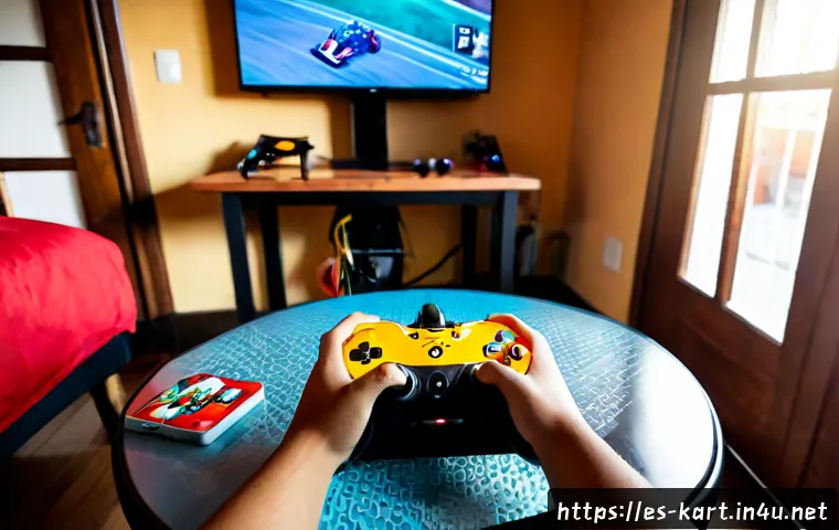 Home 30 카트라이더 초보 유저를 위한 게임 공략법 - Photorealistic over-the-shoulder view of a Spanish teenage gamer learning a colorful arcade kart rac...