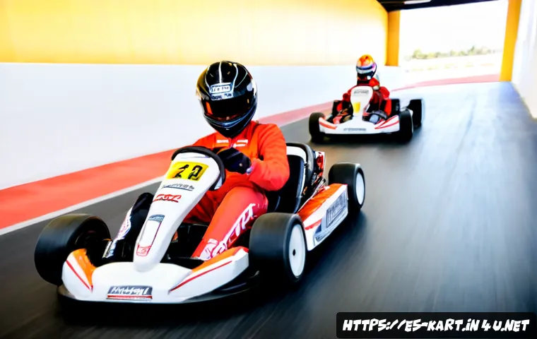 Home 17 카트라이더 개인전과 팀전 차이 - Photorealistic indoor go-kart race showing an individual competition, one helmeted driver in a brigh...